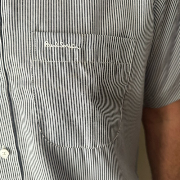 New PAUL SMITH London Short Sleeve Button Up Shirt Charcoal Grey White Stripes - Picture 6 of 16